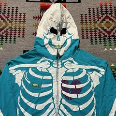 LRG Dead Serious Skeleton Hoodie Mens 2XL Blue Teal Full Zip Vtg Y2K Hip Hop C7