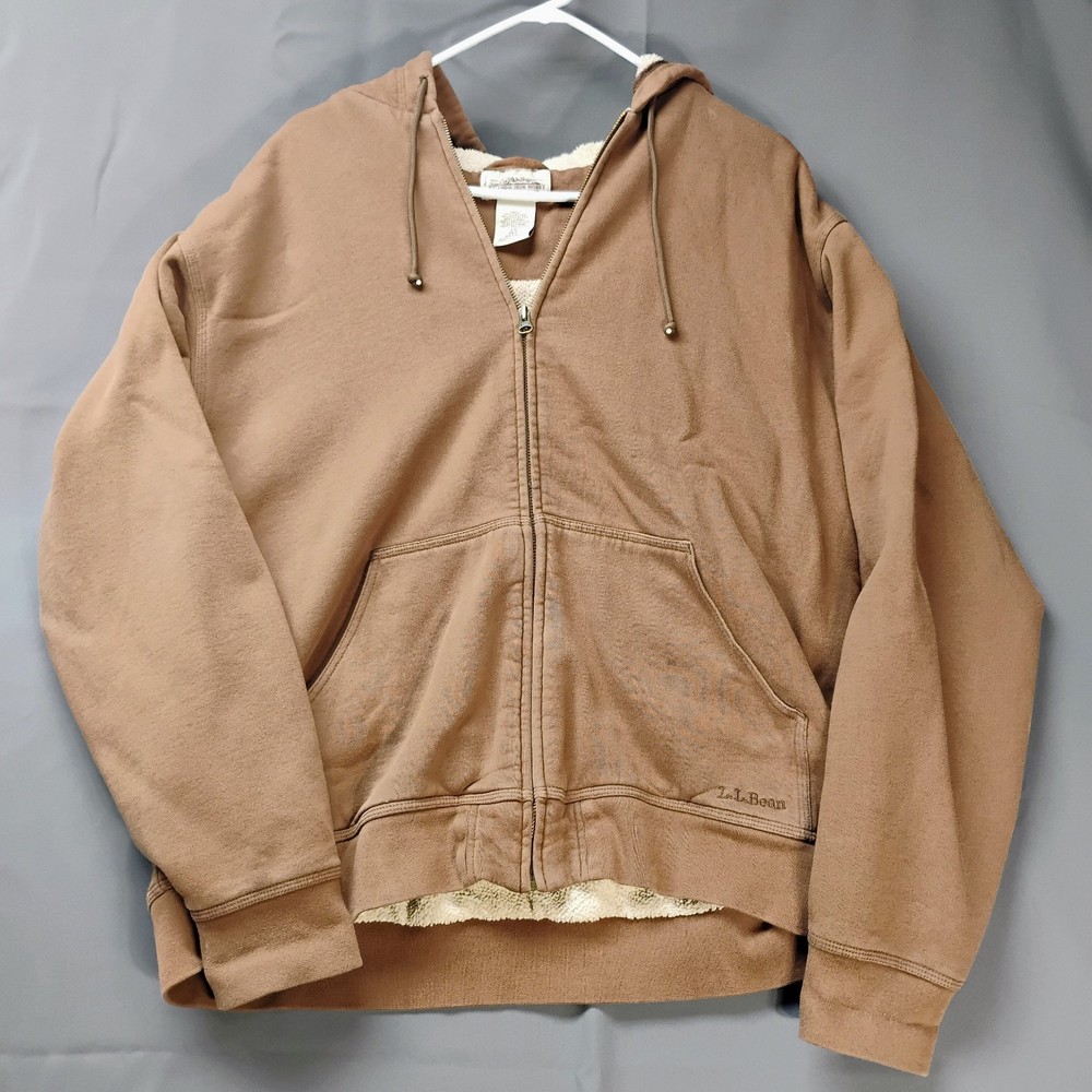 LL Bean Katahdin Iron Works Hoodie Mens Large Brown Sherpa Lined Full Zip Jacket