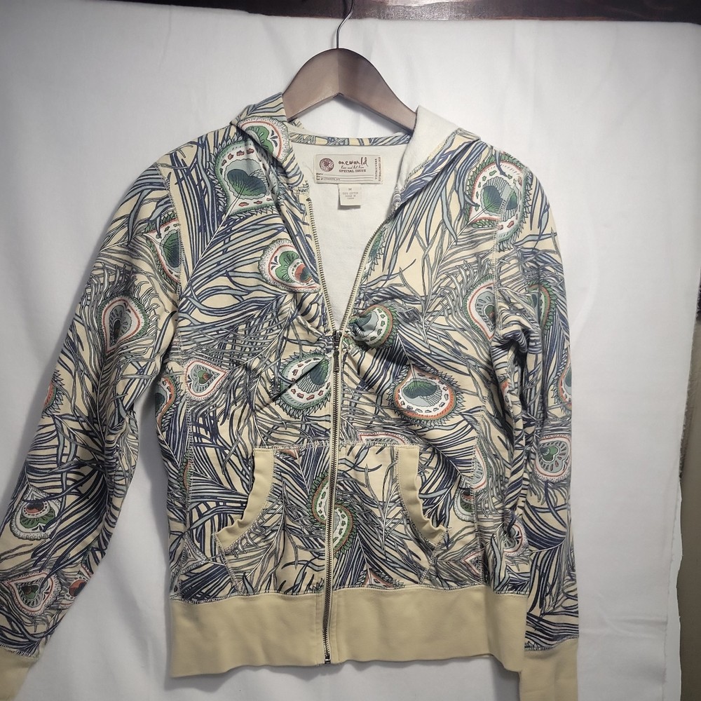 full zip hoodie, One World Special Issue, Med, boho, peacock feather design