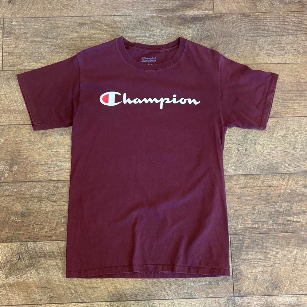 Champion Shirt Men’s Small Maroon Burgundy White Classic Script Logo Graphic Tee