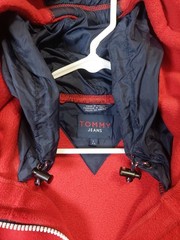 Tommy Jeans Mens Large Red Full Zip Hoodie Sweater 100% Polyester Drawstring