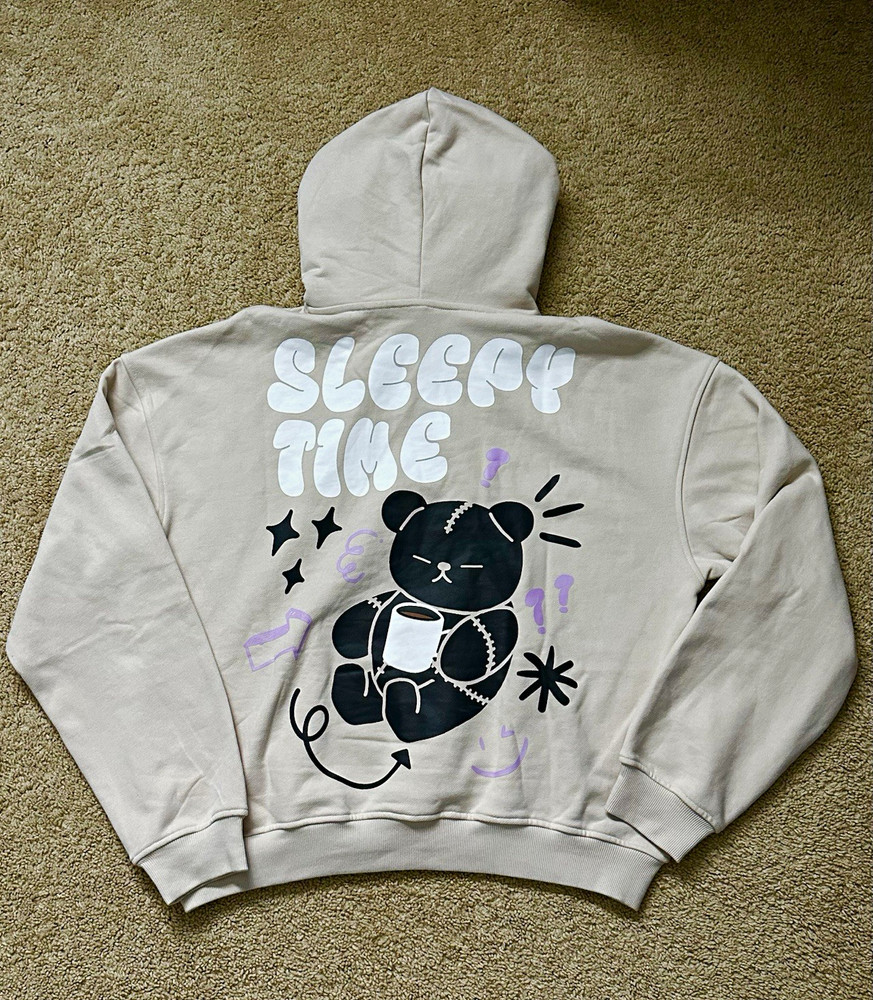 RAGLINE Unisex L Beige Cotton Pullover Hoodie Bear Graphic Hooded Pockets