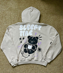 RAGLINE Unisex L Beige Cotton Pullover Hoodie Bear Graphic Hooded Pockets