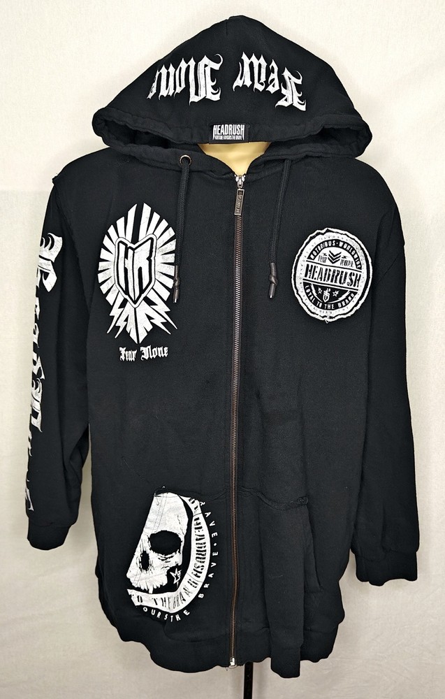 Mens Headrush Fear None biker skull black zip-up hoodie jacket 3XL