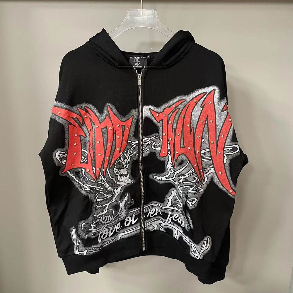 HIP HOP RHINESTONE EMOTION HOODED HOODIE CARDIGAN ZIP HIGH STREET SWEATSHIRT TOP