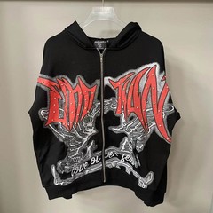 HIP HOP RHINESTONE EMOTION HOODED HOODIE CARDIGAN ZIP HIGH STREET SWEATSHIRT TOP