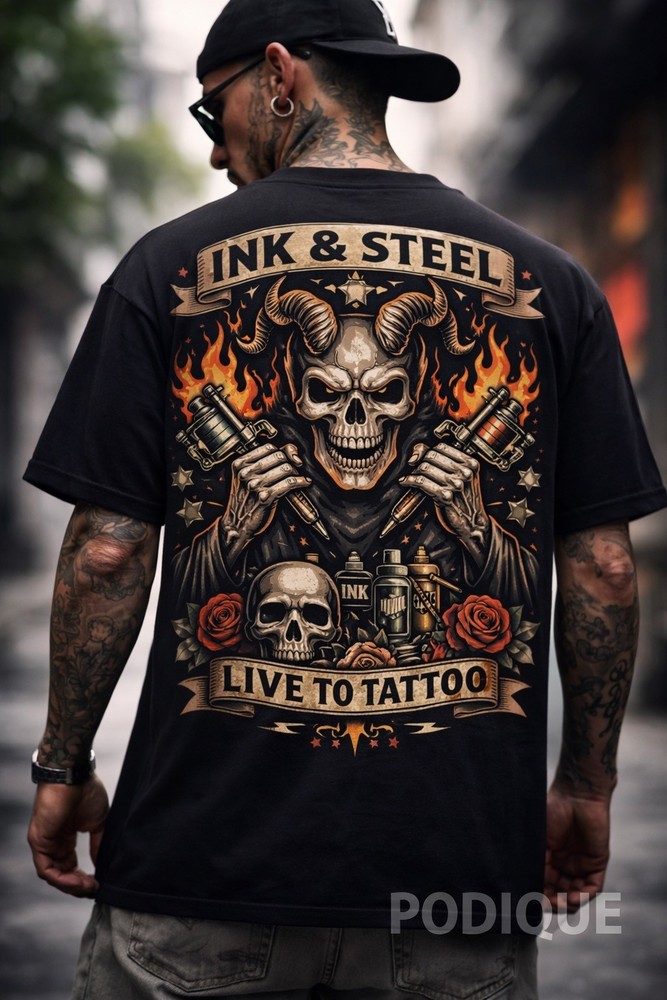 Men’s Skull Tattoo T-Shirt Ink & Steel Biker Gothic Graphic Tee US
