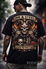 Men’s Skull Tattoo T-Shirt Ink & Steel Biker Gothic Graphic Tee US