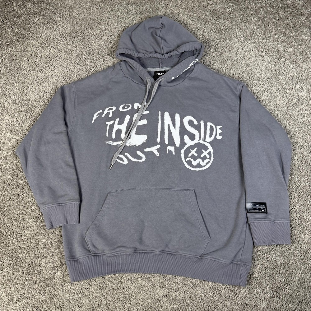 47 Street Hoodie Mens L Gray From The Inside Out Graphic Print Drawstring