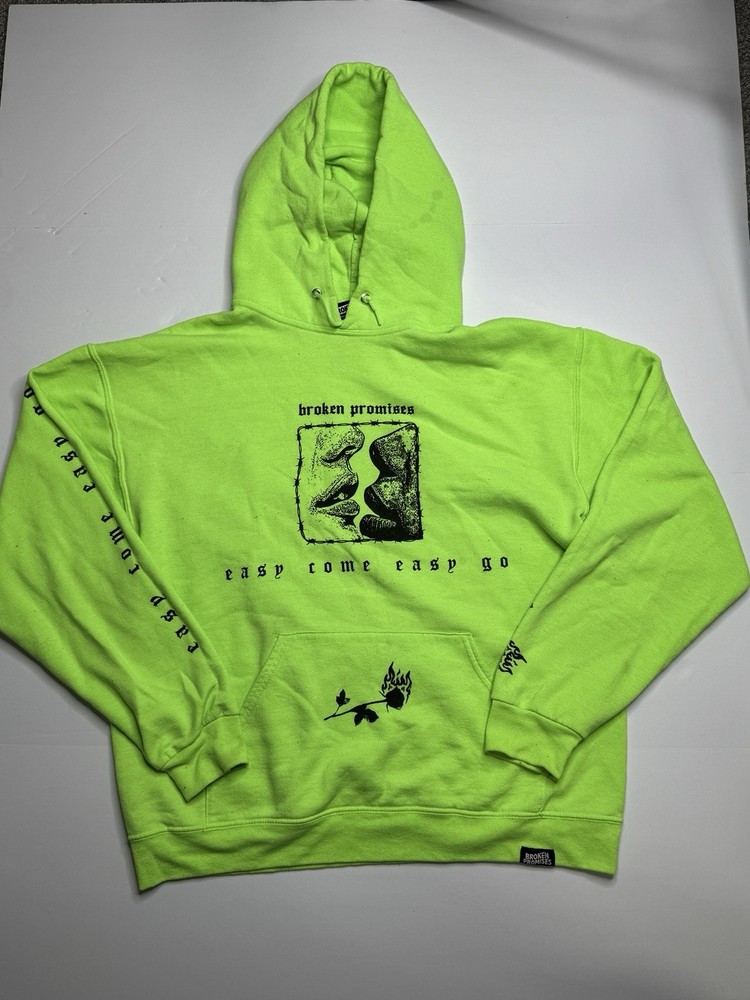Broken Promises Easy Come Easy Go Hoodie Mens L Neon Green Graphic Streetwear