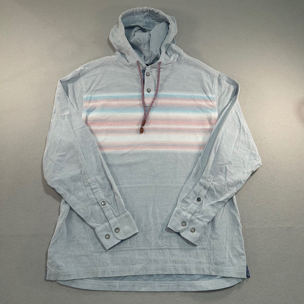 Tommy Bahama Coastline Cord Hoodie Mens Large Blue Striped Henley Pullover