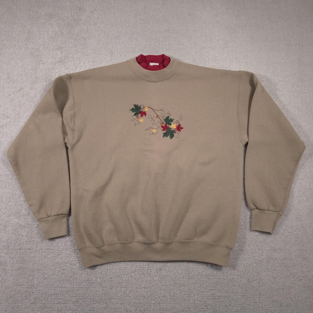 Fruit of the Loom Sweatshirt Womens XL Embroidered Leaf Acorn Fall Pullover Crew