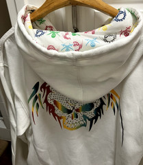 Karl Kani Gold White Hoodie Full Zip Front Studded Skull Back Size XL Vintage Y2