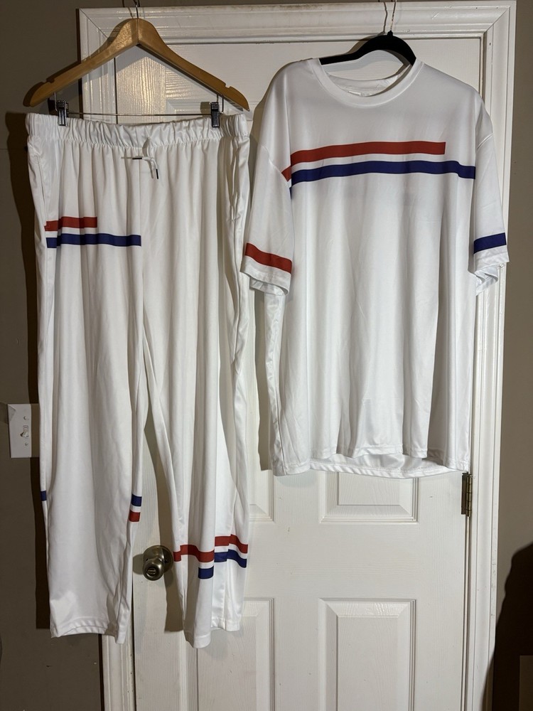 Source Unknown White Two-Piece Track Set with Red & Blue Stripes