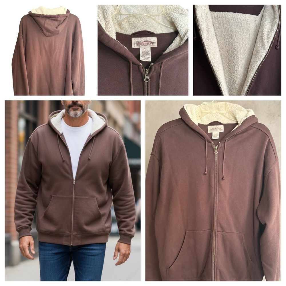 LL Bean Katahdin Iron Works Hoodie Mens XL Sherpa Lined Jacket Brown Vintage 90s
