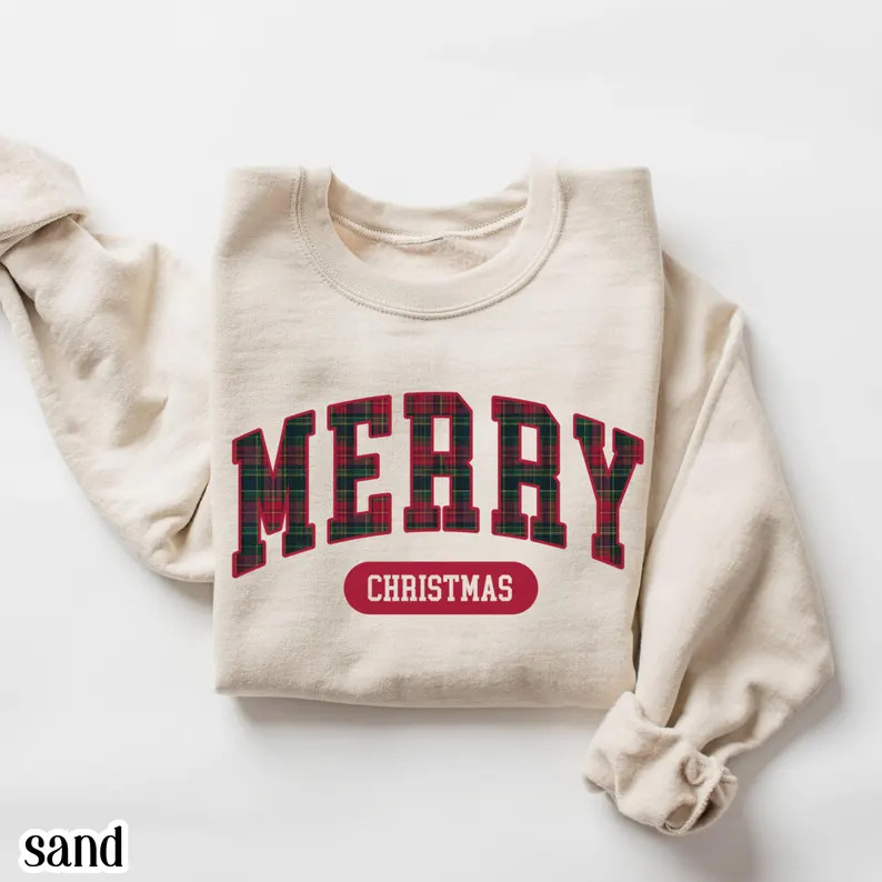 Merry Christmas Sweatshirt Tartan Plaid Holiday Festive Apparel