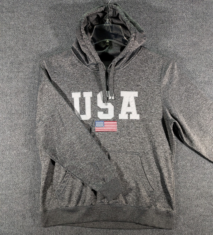 USA Embroidered Flag Logo Drawstring Pullover Hoodie Mens Medium Patriotic Gray