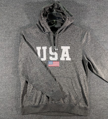 USA Embroidered Flag Logo Drawstring Pullover Hoodie Mens Medium Patriotic Gray