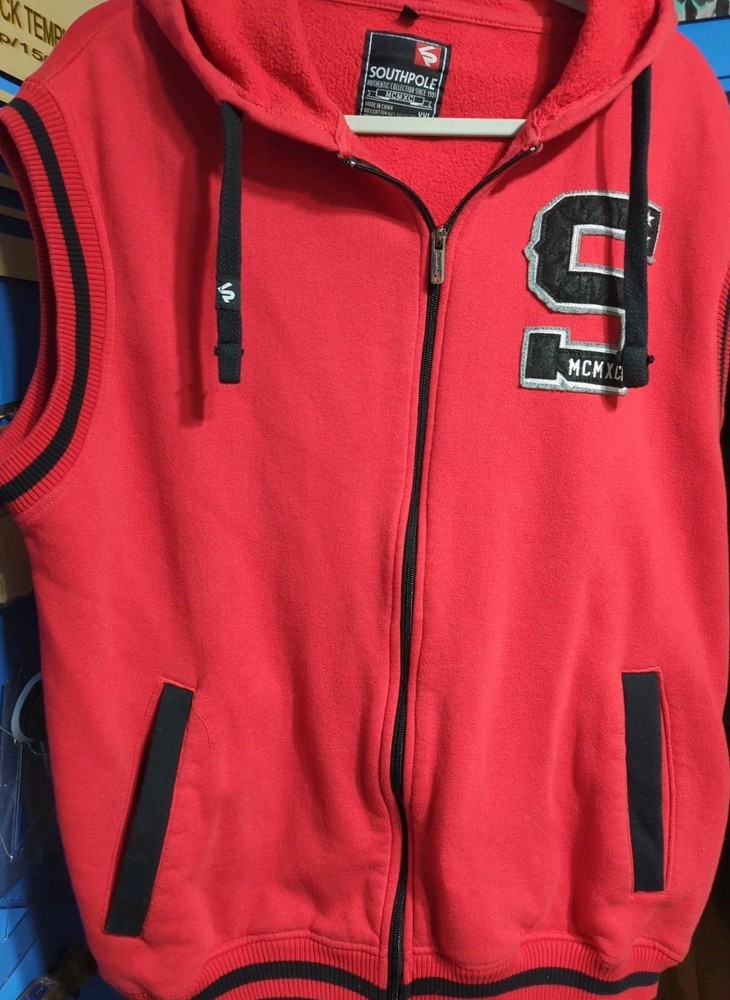 Southpole Hoodie Mens XXL Red Black Accent Sleeveless Full Zip Front Fleece Gym