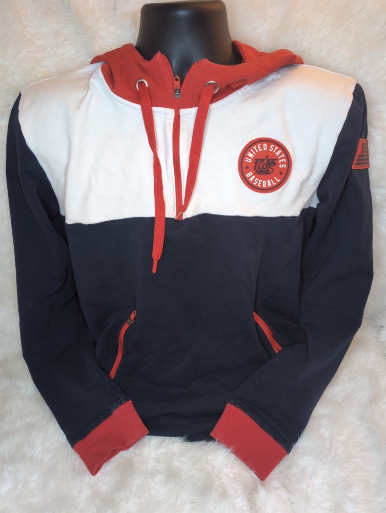 United States Baseball Hoodie Size L – Red/White/Navy Blue – Used Colorblock