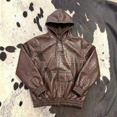 Men’s Brown Crocodile Print Leather Pullover Hoodie Real Lambskin Hoodie