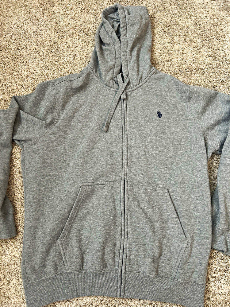 US Polo Assn. Men’s Gray Full Zip Fleece Hoodie Logo Pockets Solid XL