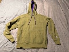 Champion Hoodie Mens M Olive Green Grid Pullover Sweatshirt Purple Trim Logo