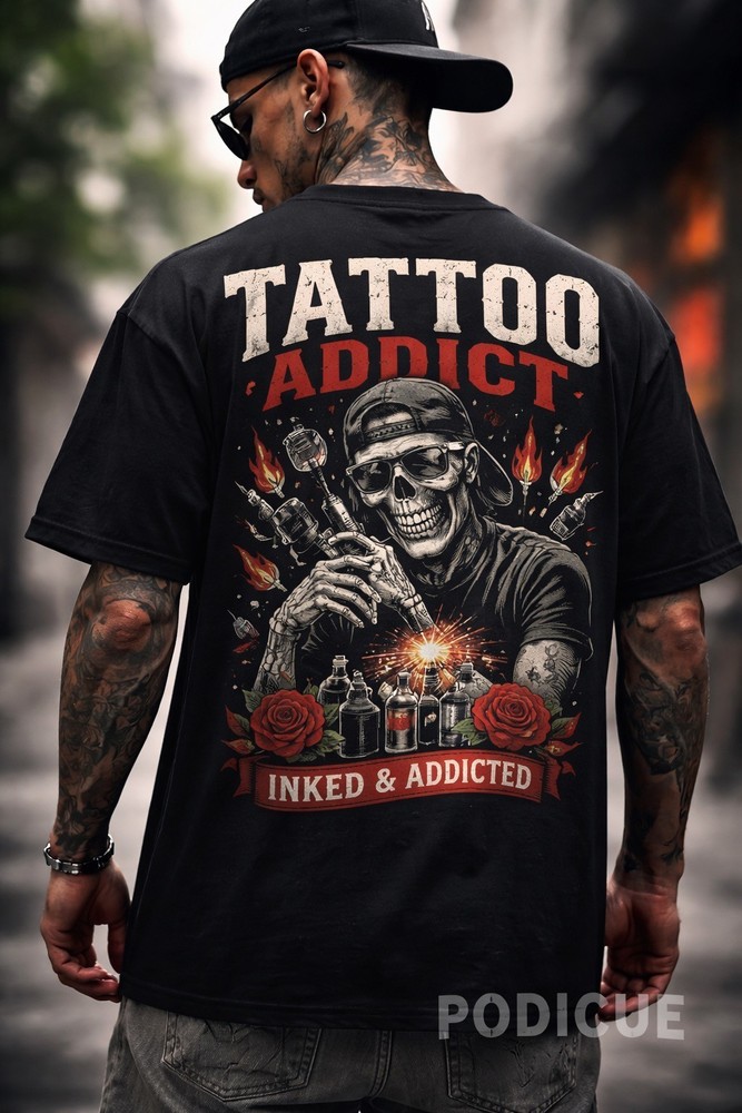 Men’s Tattoo Addict Skull T-Shirt Inked Addicted Biker Graphic Tee US