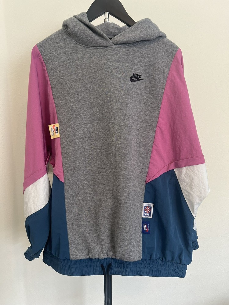 Vintage Nike Retro Grey Pink Blue Color block Hoodie Sz M Multiple Tags 2k Hip