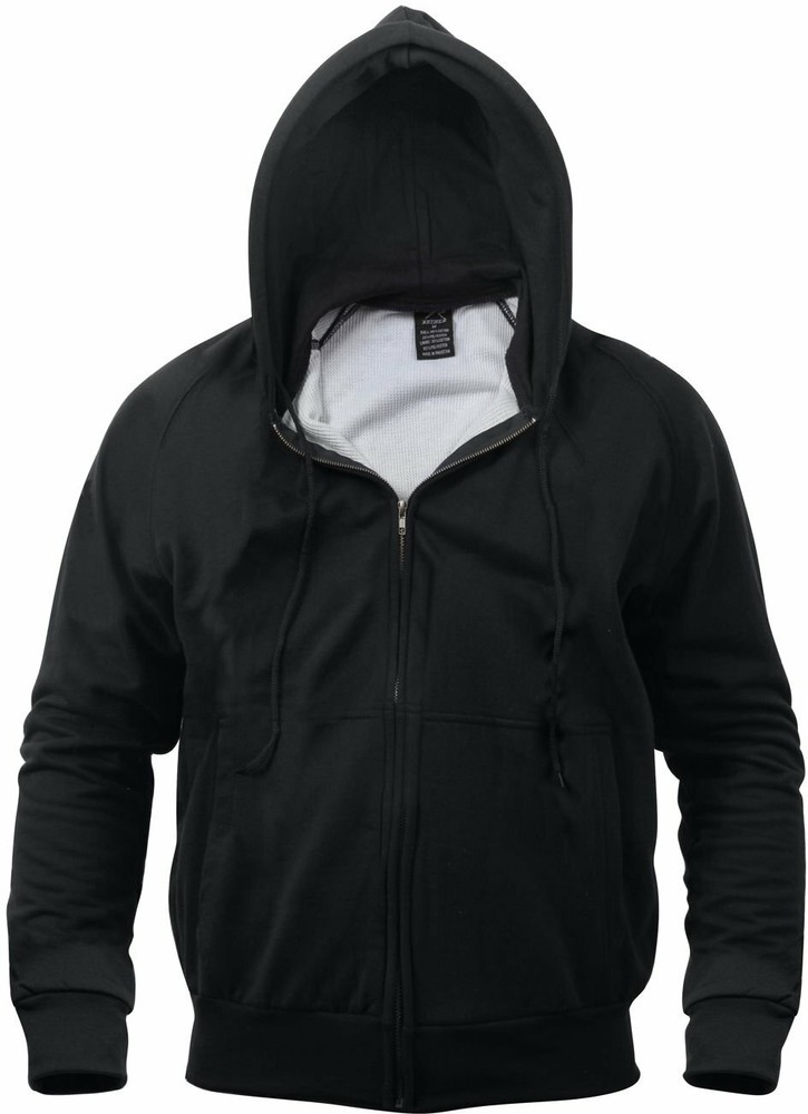 Mens Black Solid Thermal Lined Full Zip Hoodie Sweatshirt