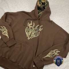 Retro Sapphire Lounge Hoodie Brown Camo Tribal Flames Size Large Vintage
