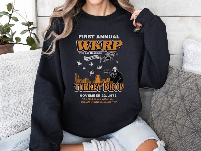 WKRP Turkey Drop Sweatshirt, WKRP Thanksgiving Turkey Drop Crewneck, Funny Retro