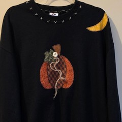 Jerzees Black Fall Pumpkin Moon Acorn Applique Sweatshirt Crewneck Mens Medium