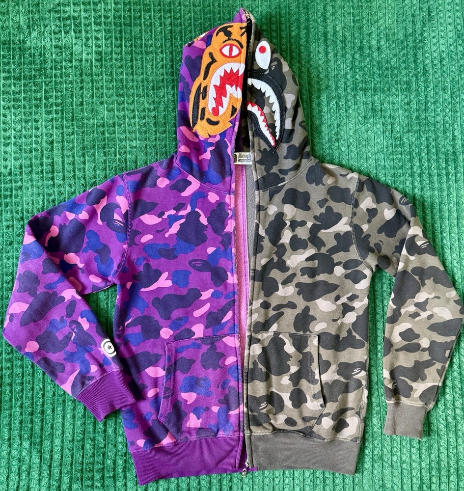 BAPE Split Camo Tiger Shark Full Zip Hoodie Purple Green Size M Broken Zipper