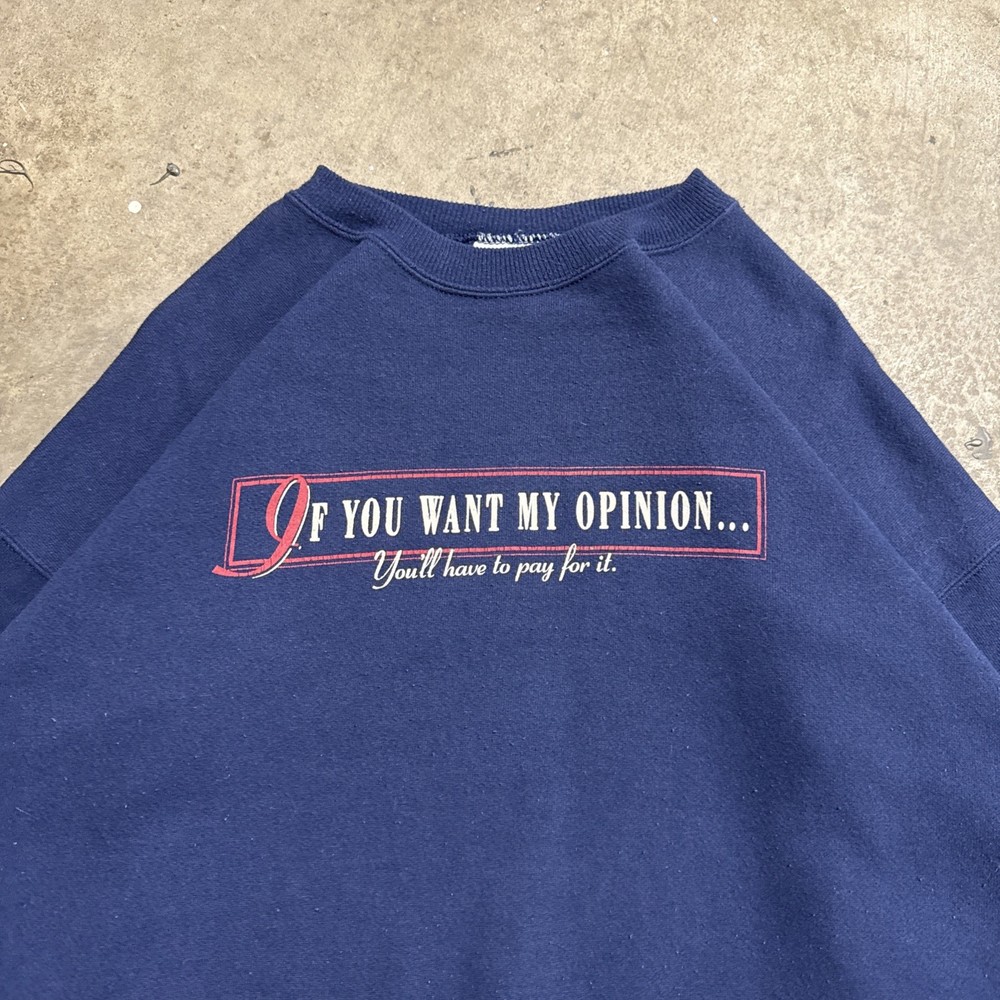 Vintage Quote Sweatshirt Mens XL Navy 90s USA Funny Opinion Finance Parody