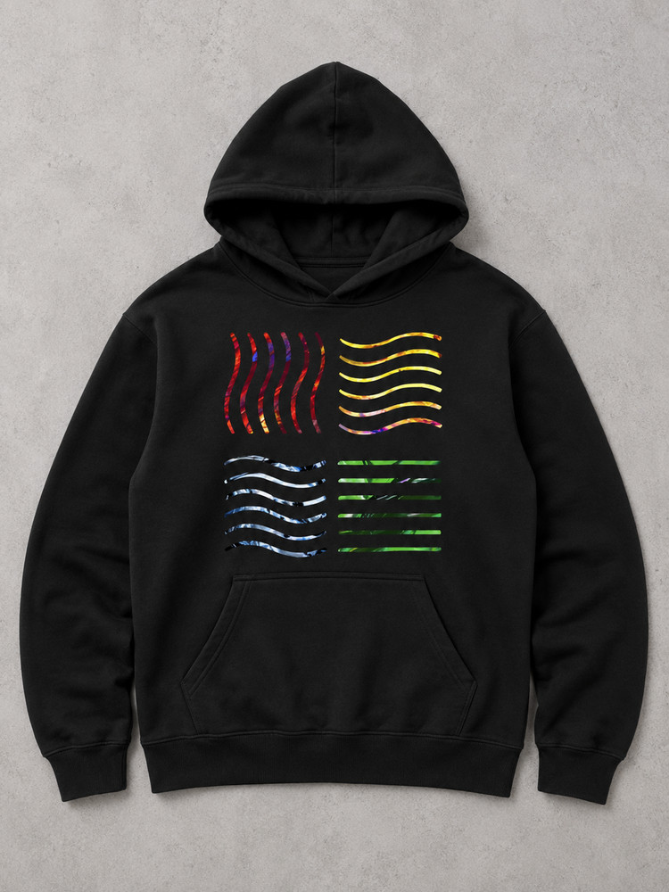 Colorful Wavy Line Graphic Black Hoodie Unisex Abstract Pullover Sweatshirt