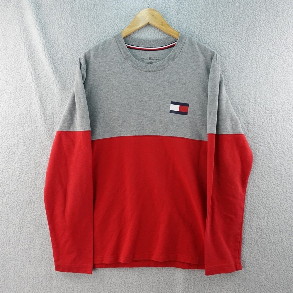 Tommy Hilfiger Mens L Gray Red Color Block Long Sleeve Crew Neck T-Shirt Y2K