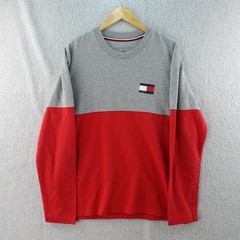 Tommy Hilfiger Mens L Gray Red Color Block Long Sleeve Crew Neck T-Shirt Y2K