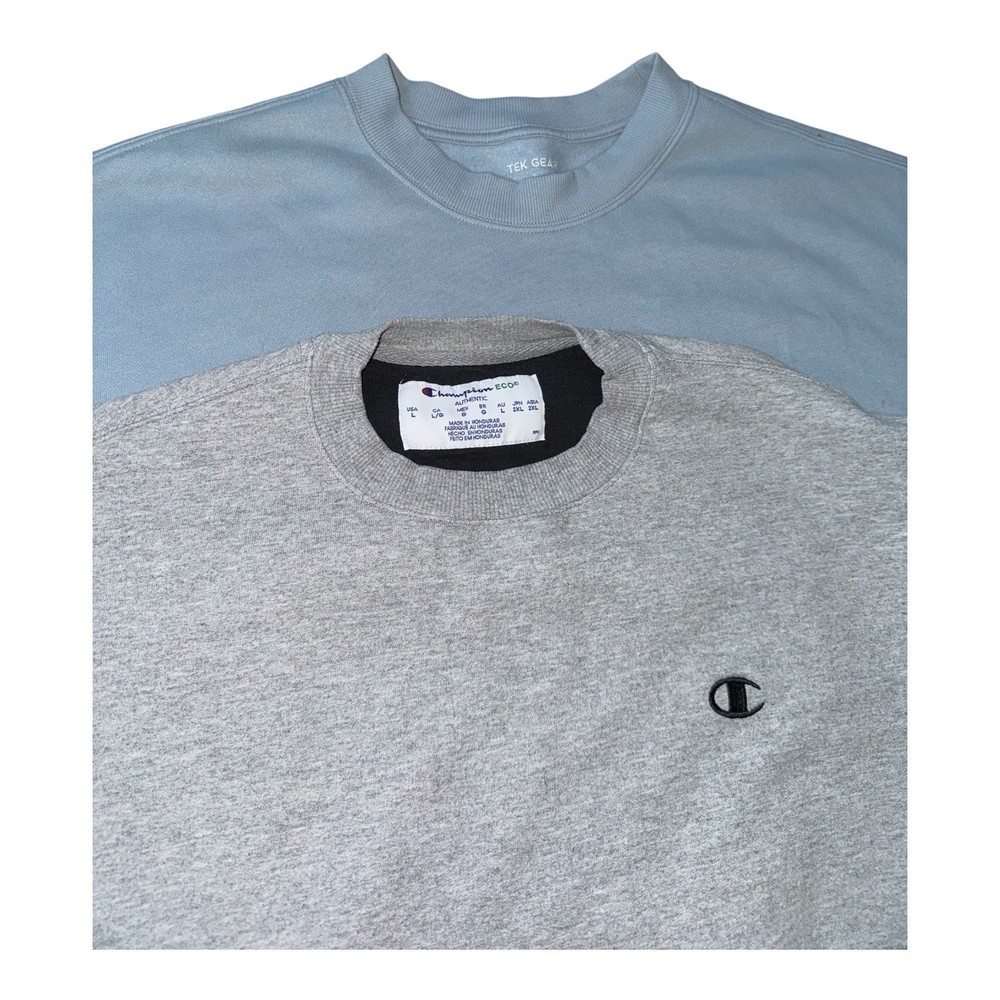 Lot 2 Men’s Large Crewneck Sweatshirts Champion Tek Gear Fleece Gray Blue Gym