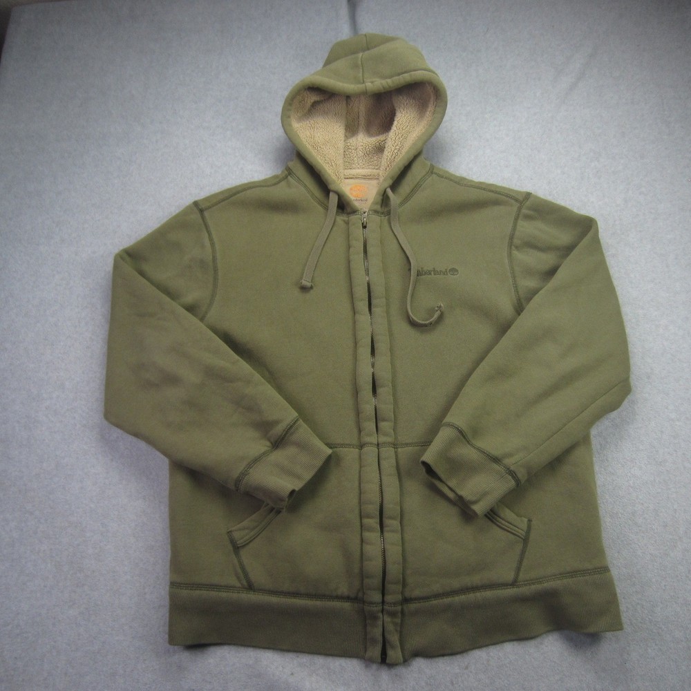Timberland Jacket Mens Large Olive Green Full Zip Sherpa Lined Hoodied