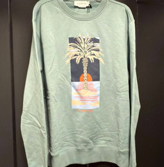 LANVIN Paris Luxury Pullover XL Resortwear Sage Green Palm Tree Sunset Graphic