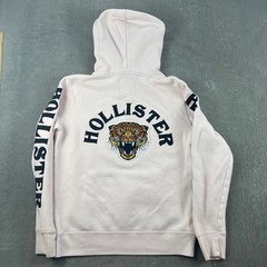 Hollister Mens S White Pink Hoodie Leopard Graphic Sleeve Logo Sweatshirt