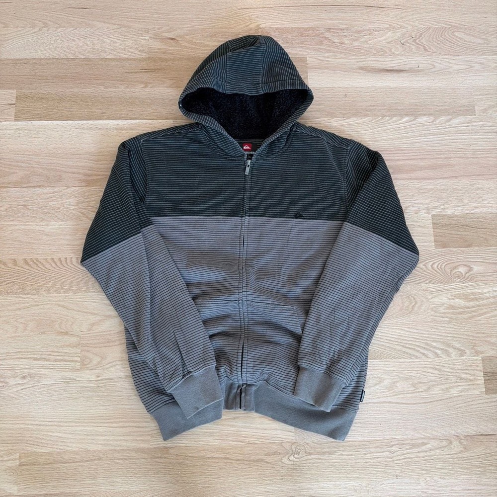 Quiksilver Men’s Gray Striped Sherpa Fleece Lined Full Zip Hoodie Size L