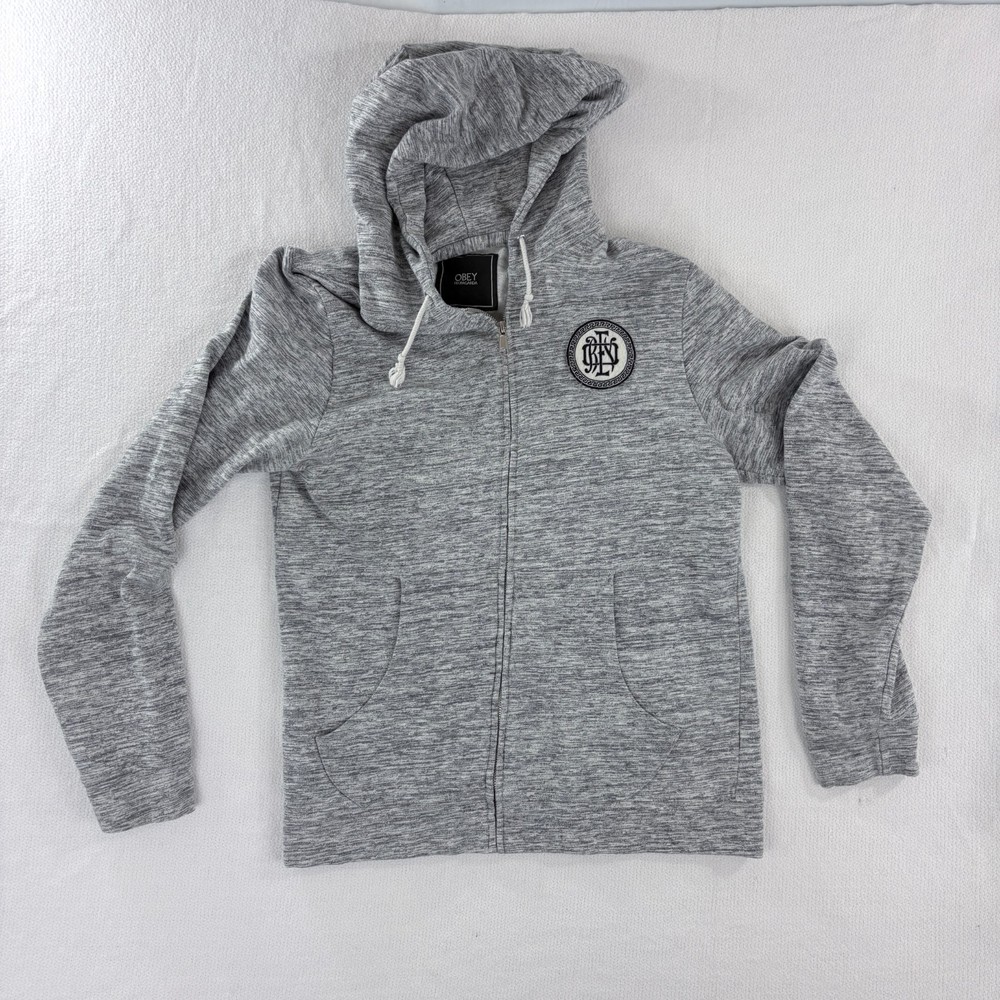OBEY Propaganda Hoodie Mens L Gray 100% Cotton Full Zip Logo Patch Streetwear