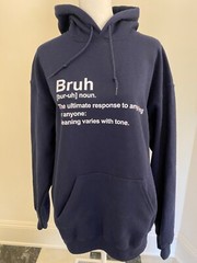 Navy Blue Fleece Pullover Hoodie Size LARGE Graphic BRUH Gildan Heavy Blend