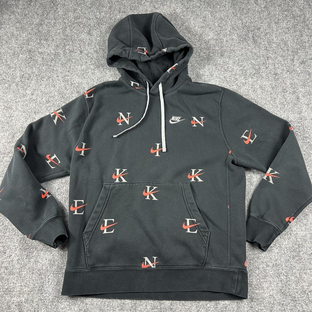 Nike Hoodie Mens Medium Black Allover Letter Swoosh Pullover Fleece Sweatshirt