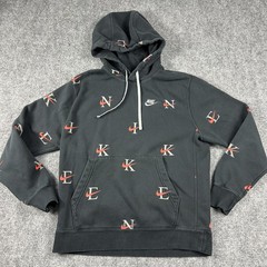 Nike Hoodie Mens Medium Black Allover Letter Swoosh Pullover Fleece Sweatshirt