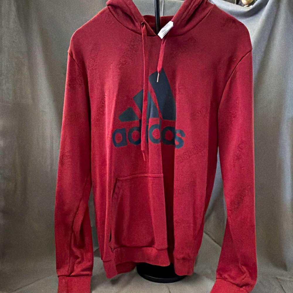 Adidas Men’s M Burgundy All Over Logo Print Pullover Hoodie Red Maroon