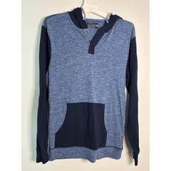Mens Blue Space Dye Henley Hoodie Colorblock Pouch Pocket Pullover Sweatshirt