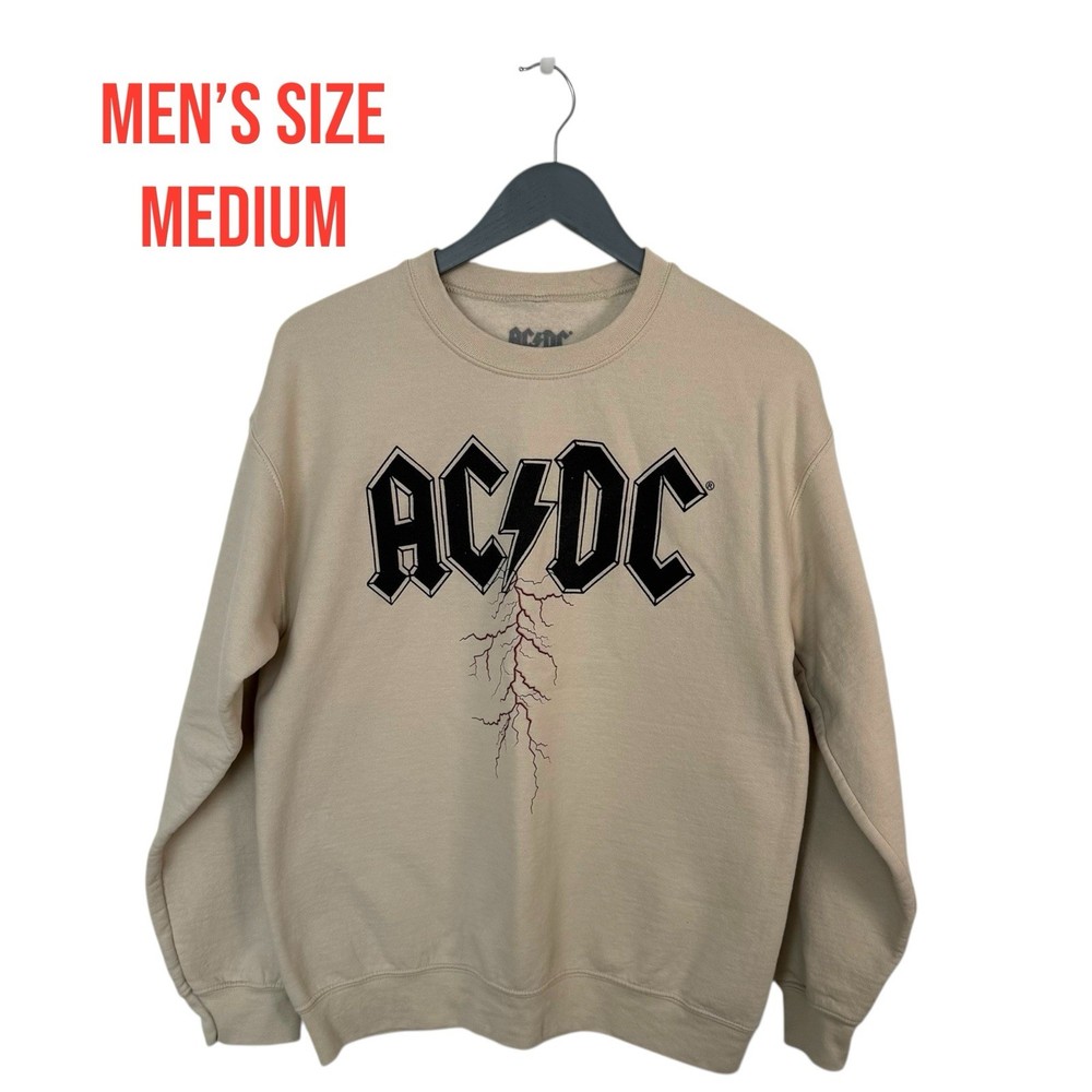 AC/DC Men’s Medium Crewneck Sweatshirt – Beige Lightning Bolt Graphic